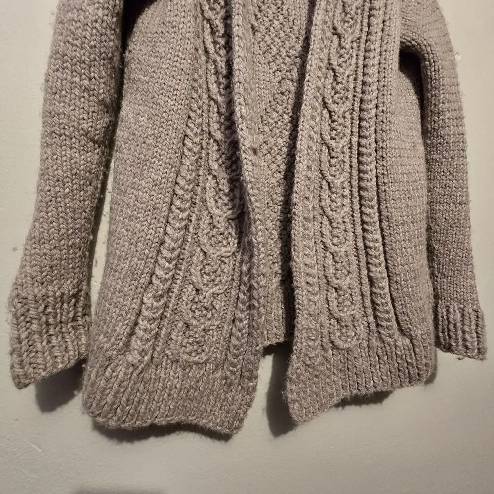 Handmade Cable Knit Cardigan‎ Sweater Womens L XL Taupe Bespoke Preppy Fisherman